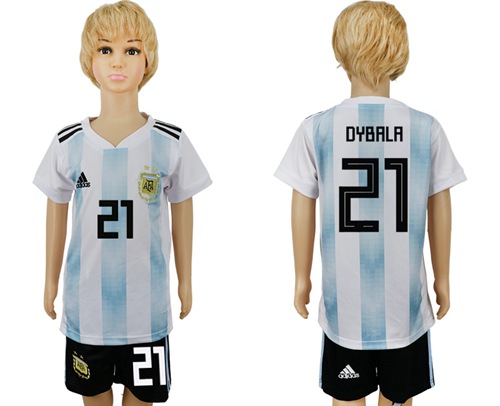 Argentina #21 Dybala Home Kid Soccer Country Jersey